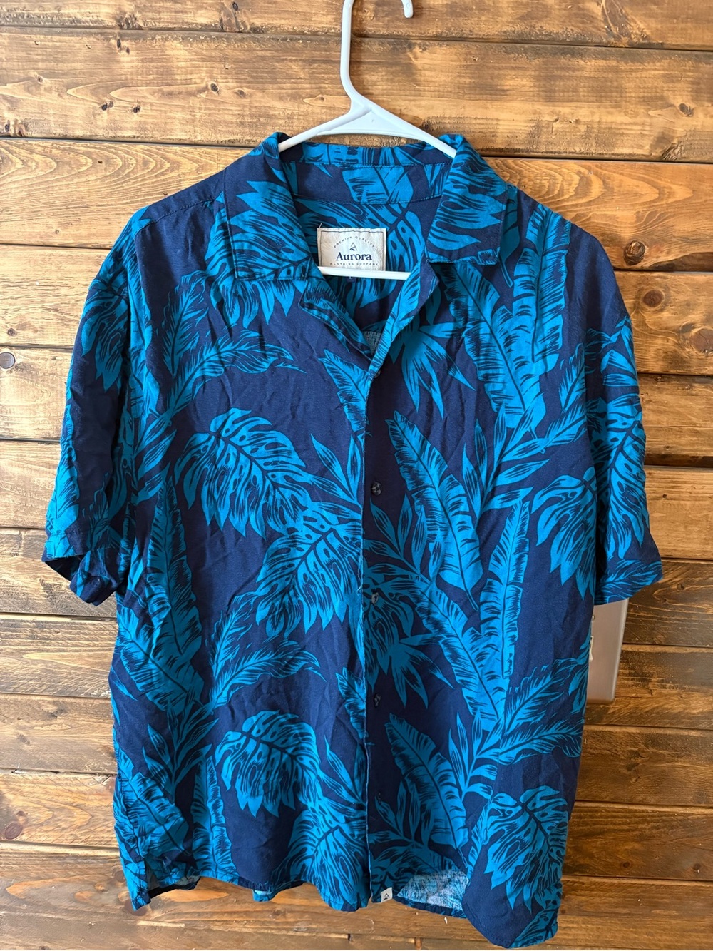 Aurora Men's Blue Tropical Print Hawaiian Short-Sleeve Shirt size large rayon